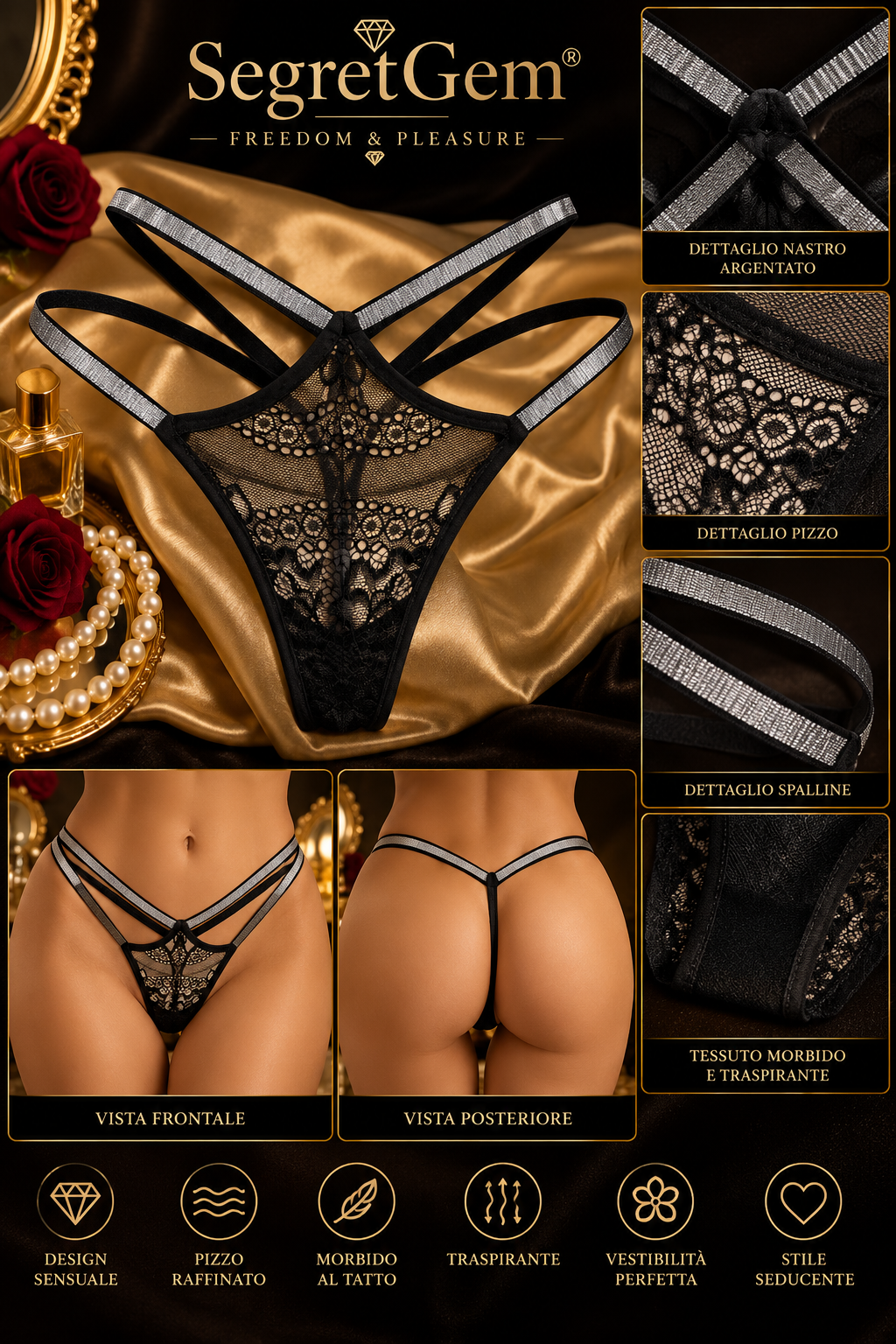 SegretGem® – Sexy Black Lace Thong with Silver Straps