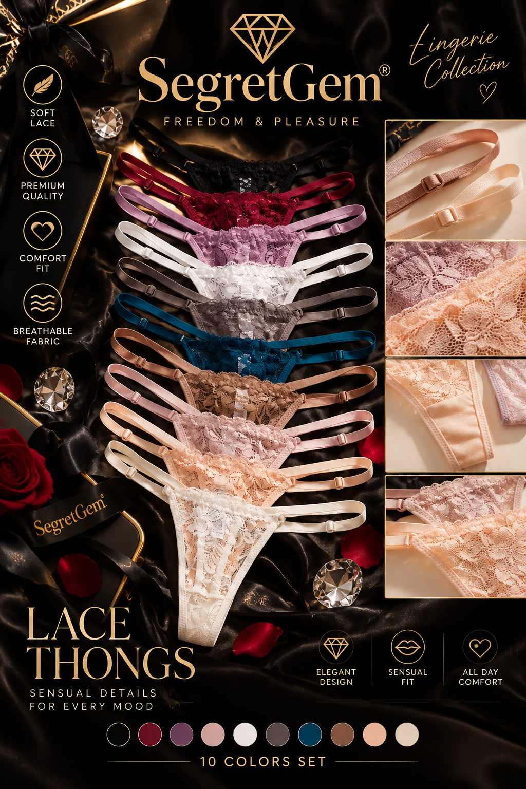 SegretGem® – Luxury Floral Lace Thong with Adjustable Straps