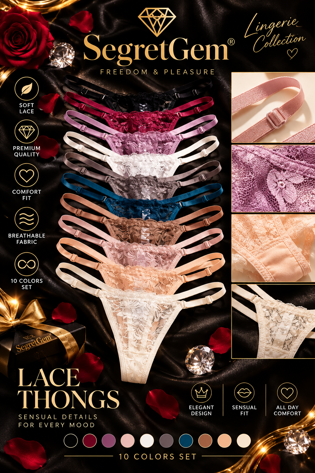 SegretGem® – Luxury Floral Lace Thong with Adjustable Straps