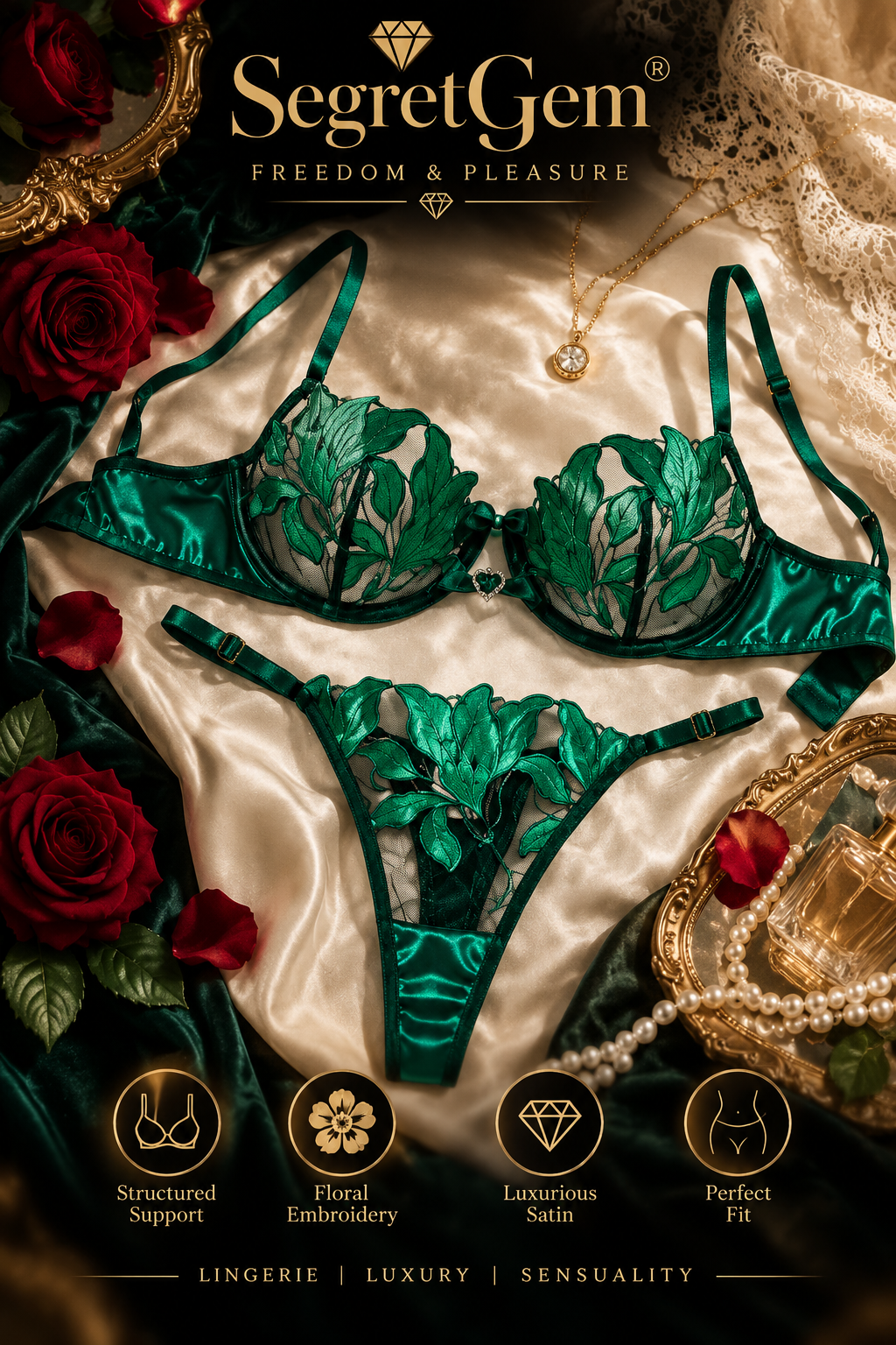 SegretGem® – Emerald Green Sexy Lingerie Set with Floral Embroidery – 2 Pieces