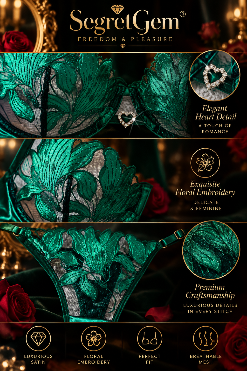 SegretGem® – Emerald Green Sexy Lingerie Set with Floral Embroidery – 2 Pieces